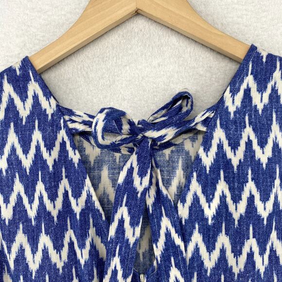 J.CREW Dress XS Linen Cotton Ikat Chevron Bowback Sleeveless Ruffle Hem Blue - Picture 8 of 12